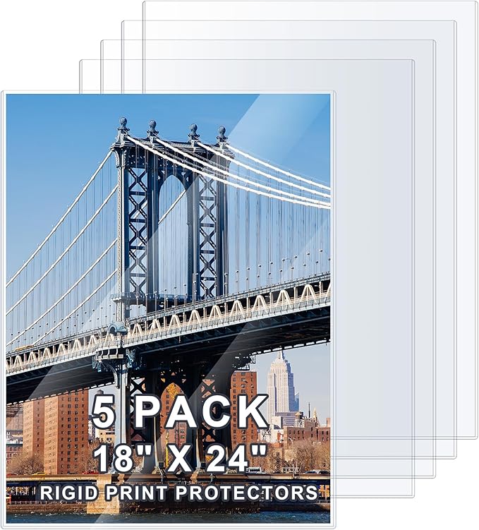 5 Pcs 18" x 24" Rigid Print Protectors Clear Hard Sheet Protectors Heavy Duty Top Loading Crystal Poster Sleeves Picture Frame Hard Plastic Sleeves for Art Prints Photos Documents Blueprint