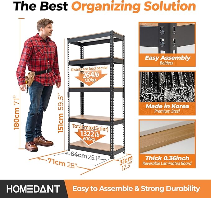 HOMEDANT 28"W x 12.3"D x 59.5"H 5-tier Boltless Metal Shelving Unit Adjustable Garage Storage Utility Rack Heavy Duty Shelves Organization Multipurpose Shelf Warehouse Kitchen Living Room pantry 1Pack