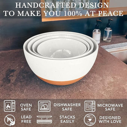 Mora Ceramic Large Mixing Bowls - Set of 2 Nesting Bowls for Cooking, Serving, Popcorn, Salad etc - Microwavable Kitchen Stoneware, Oven, Microwave and Dishwasher Safe - Extra Big 2.5 & 1.6 Qt - White