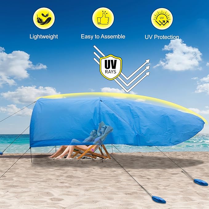 Beach Shade 200 Sq. Ft Beach Canopy for 4-8 People, Portable Sun Shelter with UV Protection, Lightweight & Easy Setup for Family Outdoor Activities (Blue)