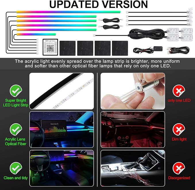 Dreamcolor Acrylic Interior Car LED Strip Light with Wireless APP, RGB 14 in 1 with 175 inches 612 LEDs Fiber Optic Strip Lights for Car, Dual Zone Music Sync Neon Car Ambient Lighting Kits