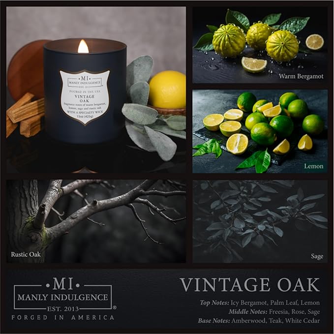 Manly Indulgence Vintage Oak Scented Candles for Men, 15 oz Wooden Wick, Premium Soy Blend Wax, 60H Burn, Candles for Home Scented - Made in The USA