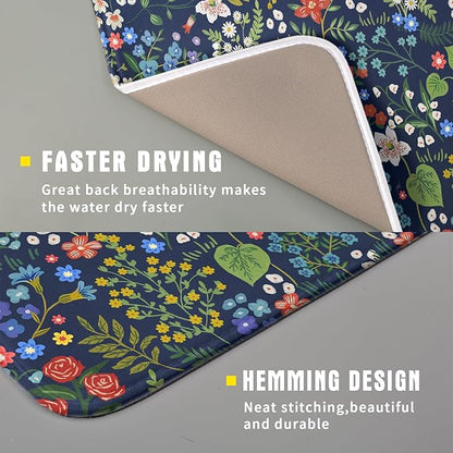 Flower Floral Dish Drying Mat Microfiber Navy Blue Absorbent Drying Pad