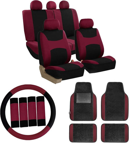 FH Group Car Seat Covers Combo Full Set with Carpet Floor mats Steering Wheel Cover and Seat Belt Pads- Universal Fit for Cars Trucks and SUVs (Burgundy)