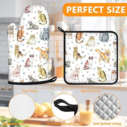 Cute Cats Oven Mitts and Pot Holders Sets 4Pcs, Extra Long Oven Gloves Potholder