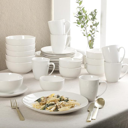 Gibson Home Ogalla 30 Piece Plates, Bowls, & Mugs Dinnerware Set - Service for 6 - White Porcelain W/Gold Band
