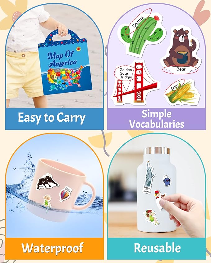 Benresive Reusable Sticker Books for Kids 2-4, Sticker Books for Toddlers 1-3 2-4, Toddler Travel Toys Activities Crafts Gifts - America Map, Fairy, My House