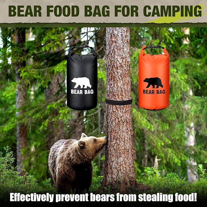 2 Sets Bear Food Bag for Camping Ultralight Food Bag Hanging System Includes 2 Pcs 10 L Waterproof Bear Bag Pulley System and 4 Pcs Nylon Ropes 4 Pcs Clips 2 Pcs Rock Pouch