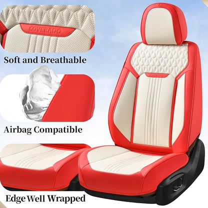 Coverado Car Seat Covers Full Set, Front and Rear Seat Covers, 5 Seats Leather Seat Covers for Cars, Waterproof Car Seat Protectors, Automotive Seat Cushions, Universal Fit for Most Cars, Red&White