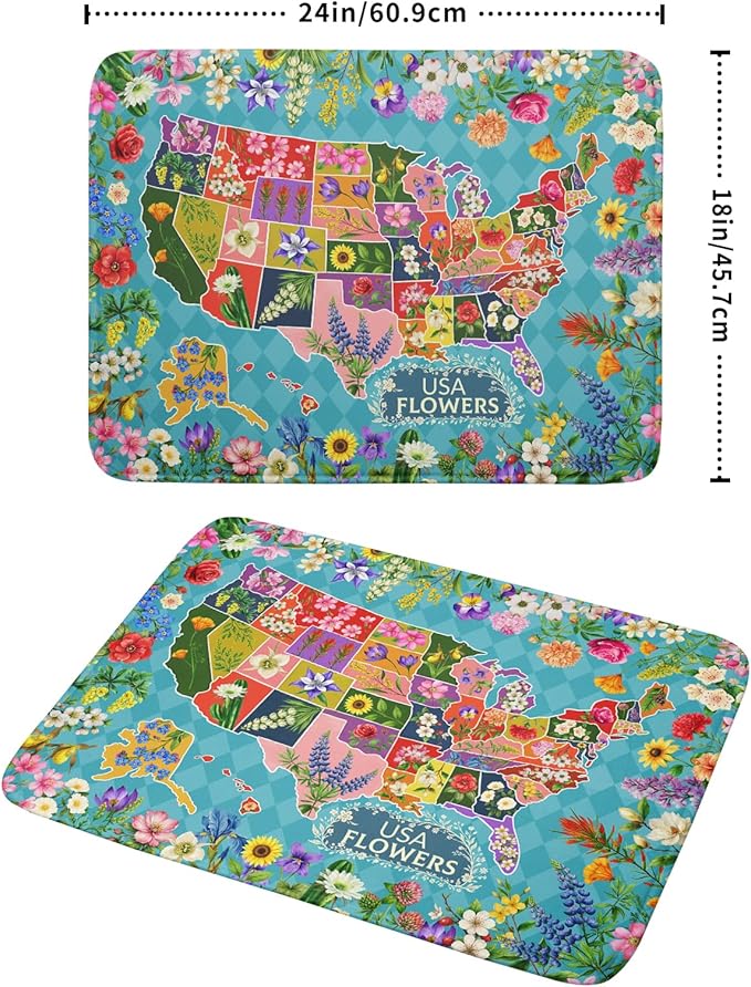 Flower Map Dish Drying Mat Colorful Floral Microfiber Large Dish Drying Pad