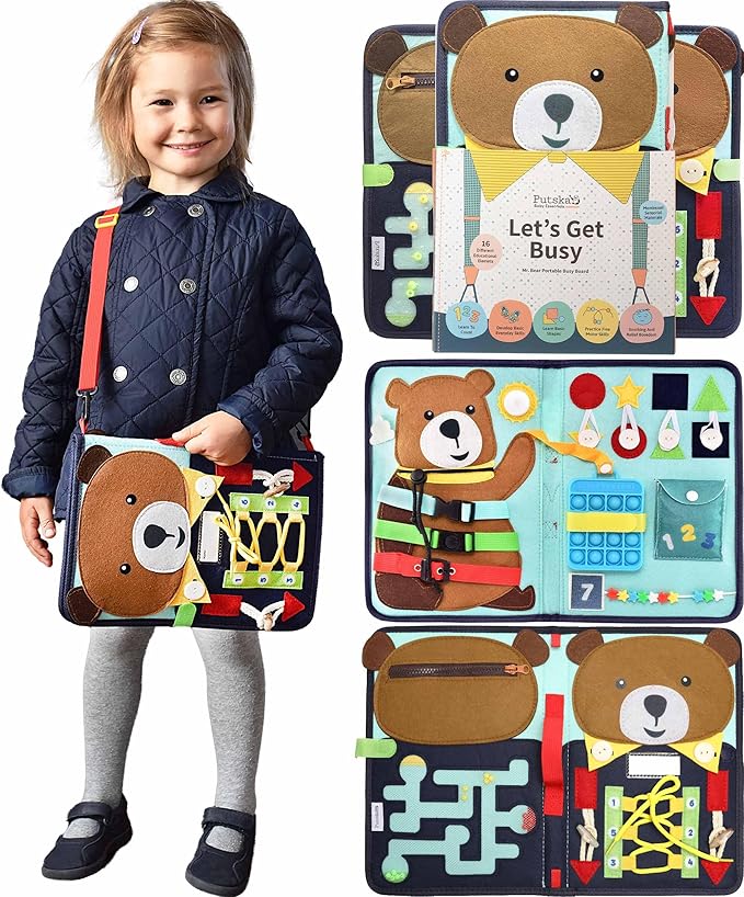 PUTSKA Busy Board Montessori Toys, Busy Book for Toddlers 3+ Years, Sensory Toys, Educational Learning Activities for Learning Fine Motor Skills, Kids Travel Essentials, Gifts for Girls Boys