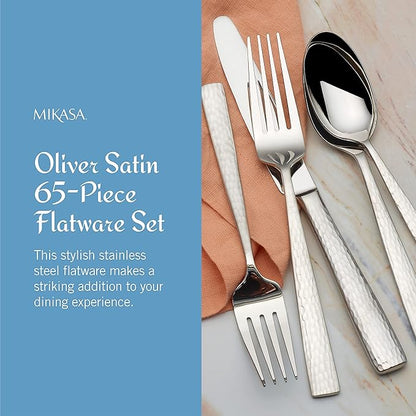 Mikasa Oliver Satin Flatware Set for 12, 65 Piece 18/10 Stainless Steel Silverware with Stylish Satin Finish and Serving Utensils, Durable Dinnerware Service