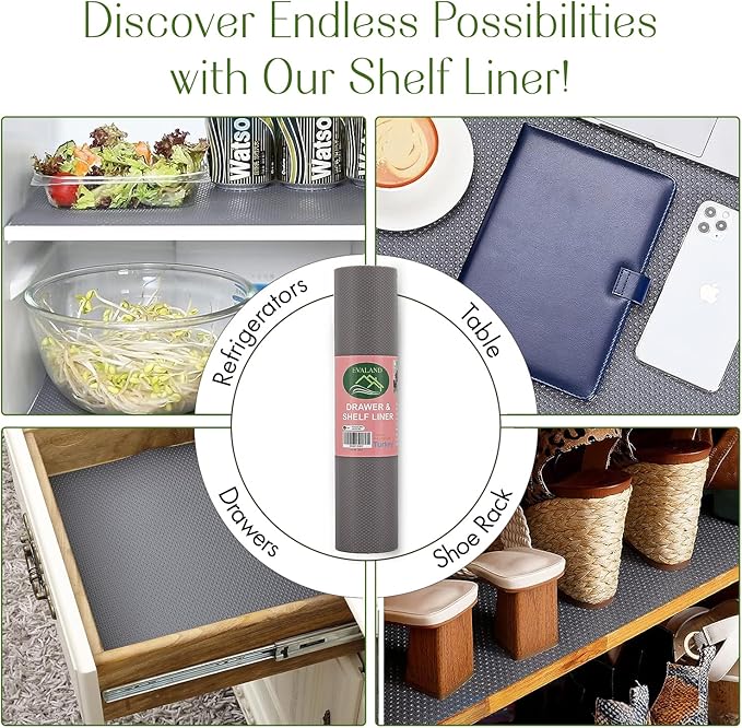 EVALAND 12" x 33 FT Non-Slip Shelf Liner, Non-Adhesive, BPA-Free, Waterproof Pantry Liner for Shelves, Easy to Cut, Oil-Proof Shelf Liners for Kitchen, Cabinets, Drawers, Refrigerator, Gray