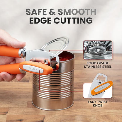 Zulay Kitchen Heavy Duty Stainless Steel Can Opener Manual with Bottle Opener - Rust Proof Manual Can Opener With Turn Knob & Comfy Soft Grip Handles - Orange