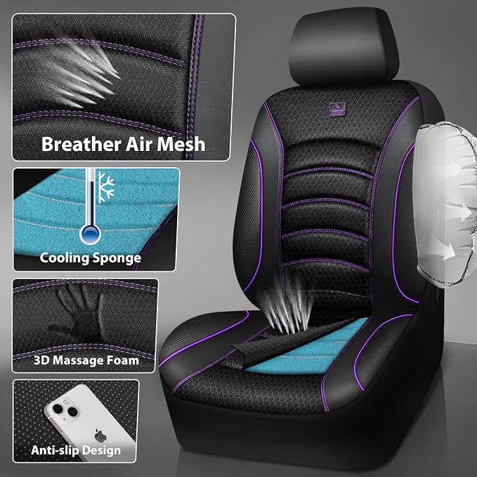 CAR PASS Comfortable 3D Foam Mesh Leather Car Seat Covers Front, Air Cool Mesh Breathable Front Seat Covers for Car, Universal for SUV Truck Sedan Automotive, Airbag Compatible,Black Purple