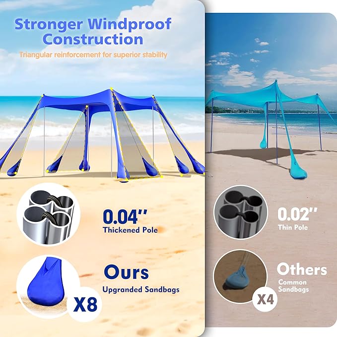 2PM SPORTS Beach Tent Canopy with UPF50+ UV Protection, Outdoor Large Beach Sun Shade Shelter for Family Picnic Camping Travel Shore Fishing, 8 Sandbags, Sand Shovel (Navy Blue, 10x10 FT)