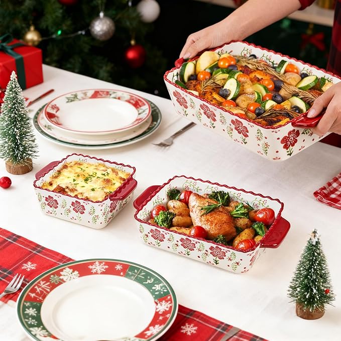 Coloch 3 Pack Ceramic Baking Dishes, Rectangular Bakeware Set Hand-painted