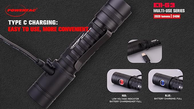 PowerTac E11-G3 2020 Lumen Rechargeable Flashlight, Type-C Charging, IPX8 Waterproof, 6 Modes, Reversible Steel Pocket Clip, Auto Memorization, 2020 Lumens, EDC LED Flashlights for Everyday Carry
