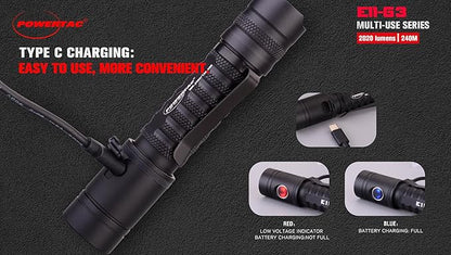PowerTac E11-G3 2020 Lumen Rechargeable Flashlight, Type-C Charging, IPX8 Waterproof, 6 Modes, Reversible Steel Pocket Clip, Auto Memorization, 2020 Lumens, EDC LED Flashlights for Everyday Carry