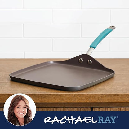 Rachael Ray Cucina Hard Anodized Nonstick Griddle Pan/Flat Grill, 11 Inch, Gray with Agave Blue Handle