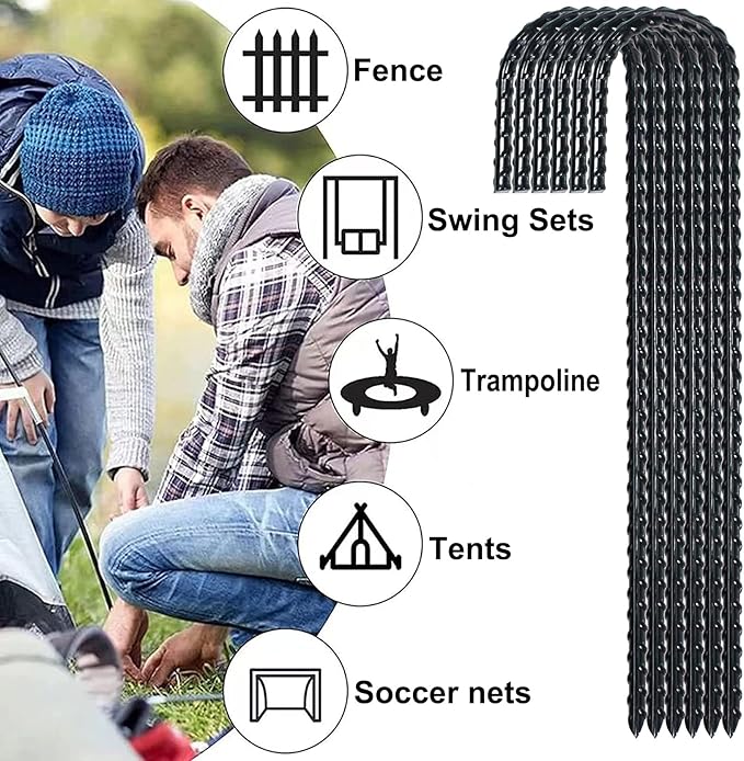12 Inch Rebar Stakes Heavy Duty J Hook, Coated Steel Ground Stakes Tent Stakes Ground Anchors for Chain Link Fence Stakes and Trampoline Stakes (6), Black