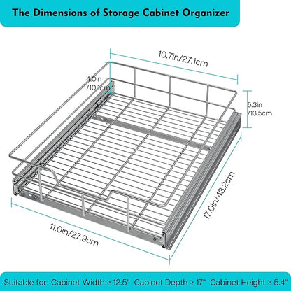 Pull Out Cabinet Organizer 11" W X 17" D, Slide Out Drawers For Kitchen Organizers and Storage, Pull Out Drawers For Cabinets Capacity Heavy Duty Caddy, Cabinet Shelves Chrome-Plated, Bathroom Pantry
