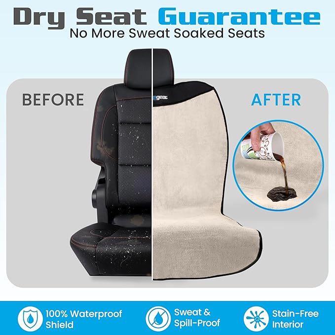 HAPPEGEAR Happeseat Waterproof Car Seat Cover & Protector – Universal Fit Car Seat Towel Cover – Non-Slip Backing, Easy Install & Storage, Machine Washable, Fits Front & Back, Sand