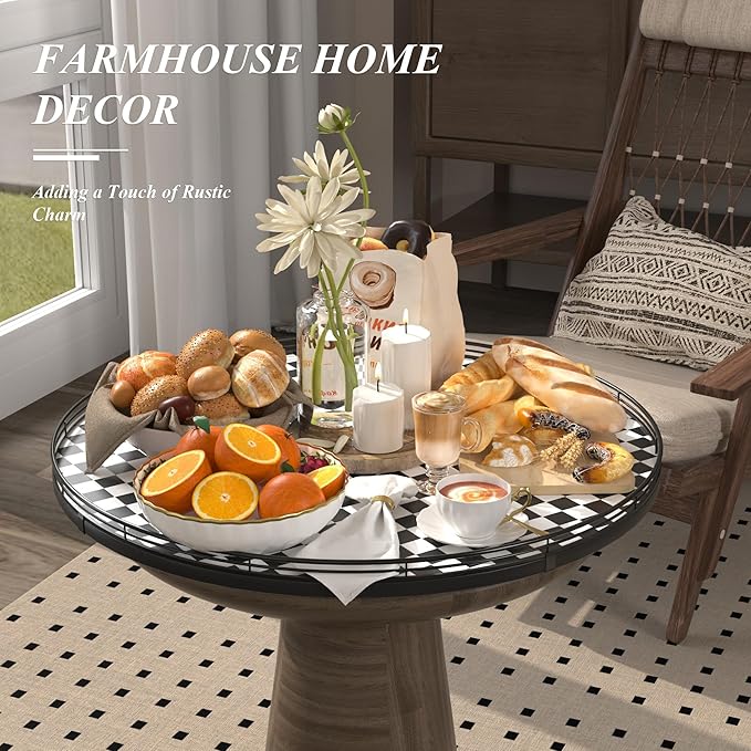 24" Black and White Kitchen Lazy Susan Turntable, Round Checkered Decorative