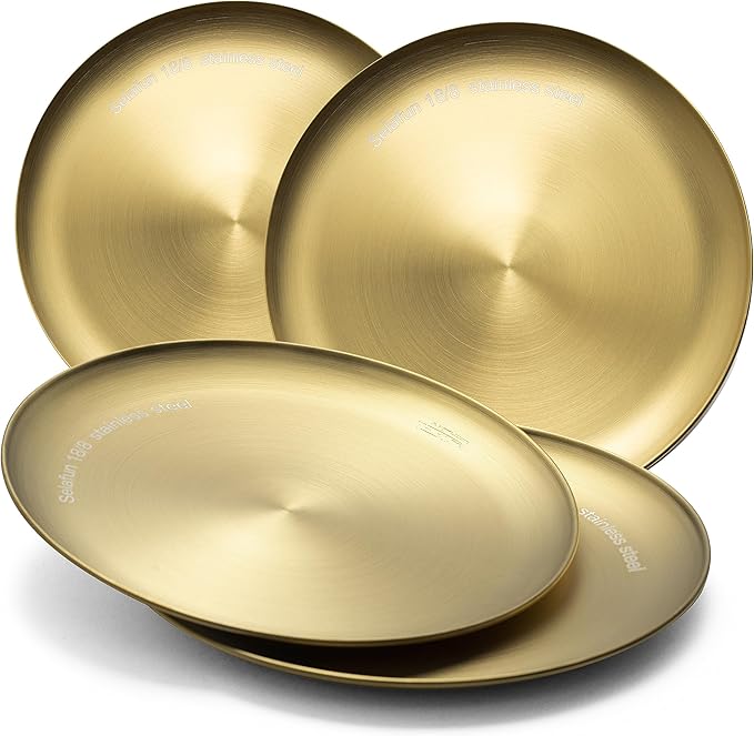 Stainless Steel Plates Metal 18/8 Round Dinner Plates - Set of 4 - Food-Grade Dishwasher Safe 9inch Salad Plates for Camping Kids Dining Outdoor (Gold)