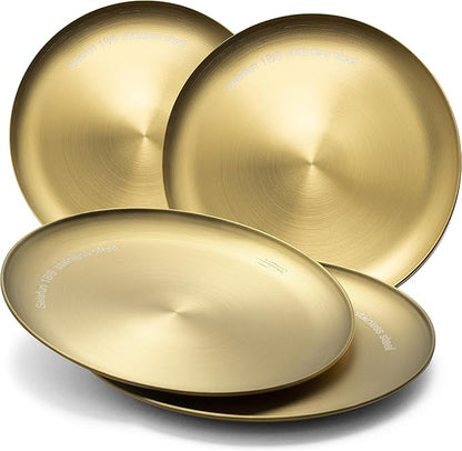 Stainless Steel Plates Metal 18/8 Round Dinner Plates - Set of 4 - Food-Grade Dishwasher Safe 9inch Salad Plates for Camping Kids Dining Outdoor (Gold)