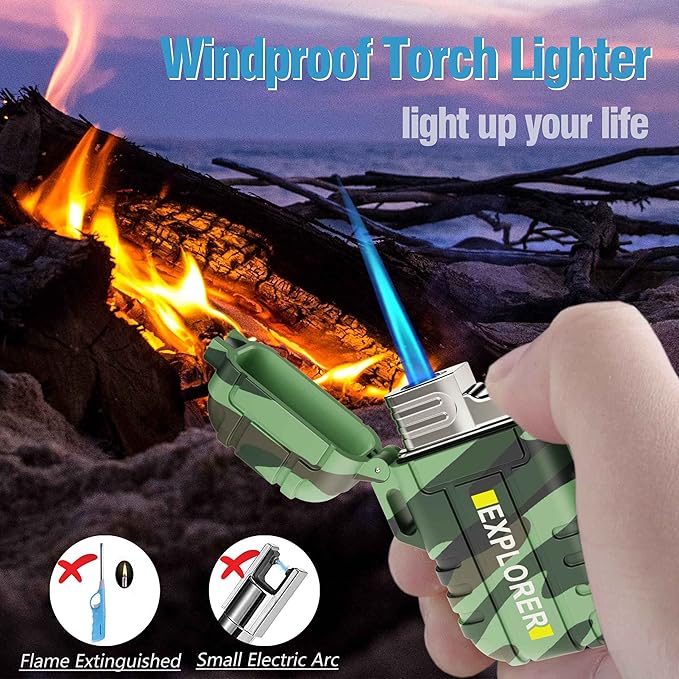 Torch Lighter, 2 Pack Butane Lighter, Windproof Outdoor Gas Lighter Adjustable Jet Flame Lighters, Fireplace Fireworks Grill Camping BBQ Lighter, Gifts for Men.(Camo+Camo) (Without Butane)
