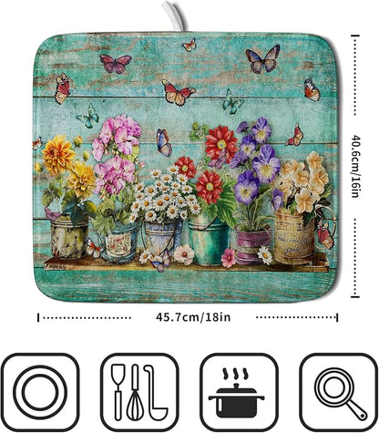 Flower Dish Drying Mat for Kitchen Counter 16x18 Inch Rustic Vintage Microfiber
