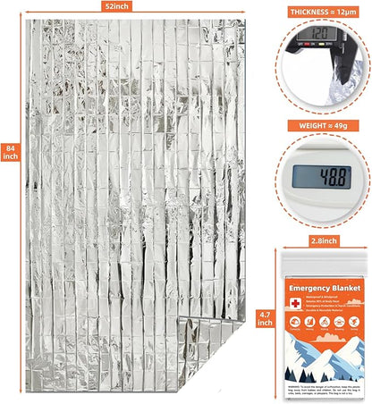 10 Pack Emergency Thermal Blanket Survival, Mylar Blankets for Outdoor, Space Blanket, Silver Foil for Survival, Survival Kit Camping Blankets, Body Warmer, First Aid, Hiking 84” x 52”