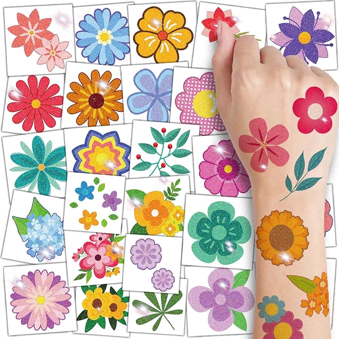 Glitter Flower Temporary Tattoos for Girls - 74 Individually Sheets | Waterproof & Easy Peel | Kids Birthday Party Favors, Flower Theme Decorations