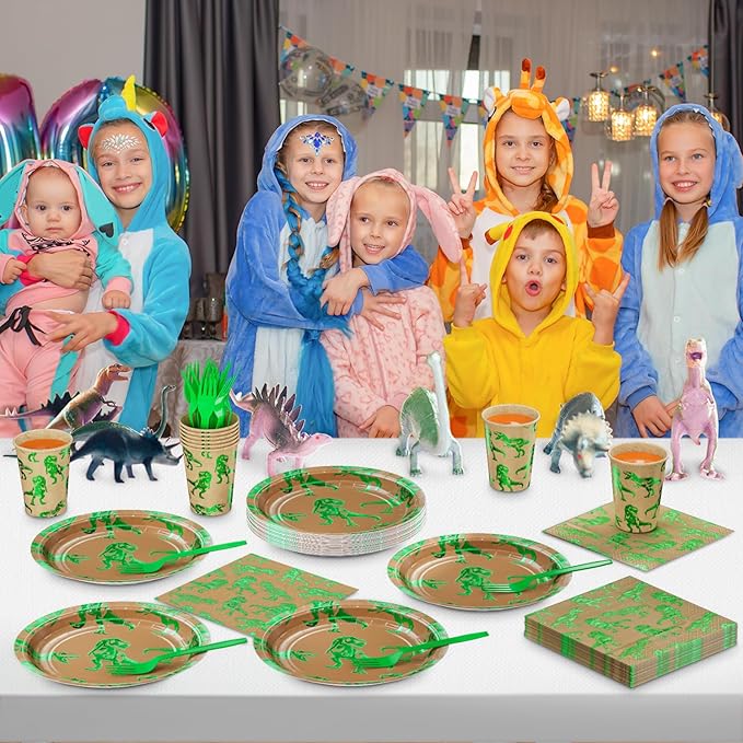 DYLIVeS Green Foil Dinosaur Birthday Party Decorations, Rawr Dinosaur Disposable Tableware Set with 9'' Dinner Plates, Napkins, Cups, Forks - Serves 24