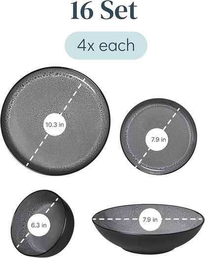 Stoneware dinnerware set 4 persons 16 pcs - Dishwasher, microwave and scratch resistant - Bowl and plate set 4 persons modern - Dinner service Pure Living black in gray…