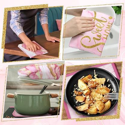 Bencailor 6 Pcs Marble Kitchen Decor Gold Pot Holders Oven Mitts 2 Dish Towels