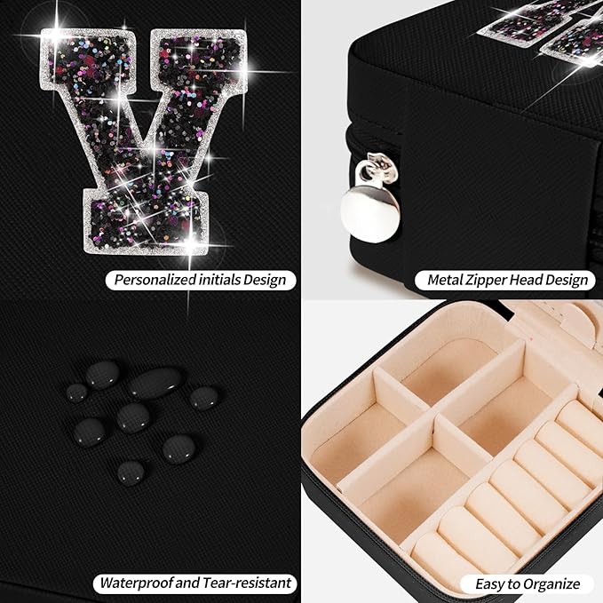 Personalized Jewelry Case for Women Girls - Fashion Mini Jewelry Boxes - Trendy Travel Jewelry Organizer with Initials Letter - Teen Gifts | Black,V