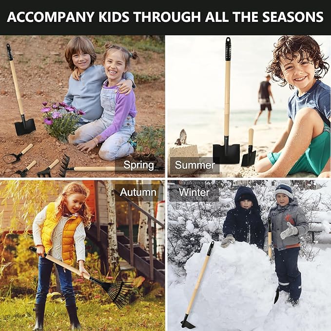 Kids Garden Tools, Rake and Shovel Set, 7 Pieces Gardening Tools for Yard, Beach, Camping Play, Outside Toys for Kids Ages 3 up Gift