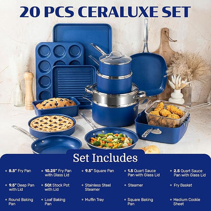 Granitestone Ceraluxe 20 Pc Ceramic Cookware Set Nonstick, Complete Pots and