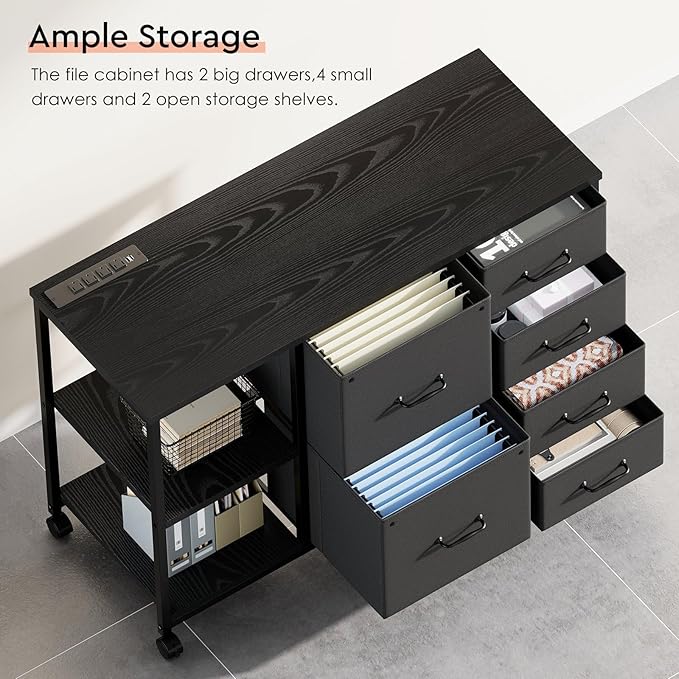6 Drawer File Cabinet with Charging Station Rolling Printer Stand with Open