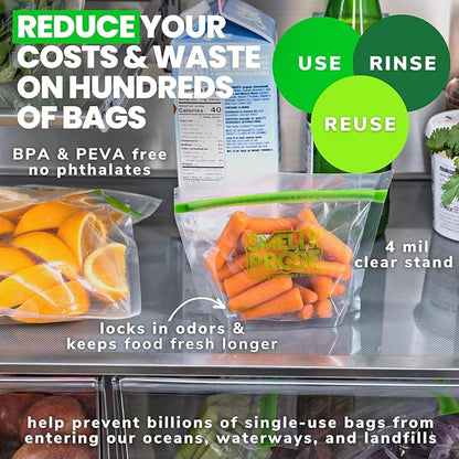 Smelly Proof 50pk Stand-Up Reusable Food Storage Bags - US Made, BPA FREE, NO PEVA, Clear 3 mils STAND & FILL 6"x4" 50 pcs