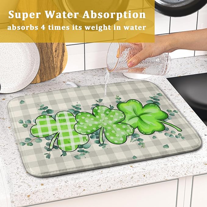 Giwawa Patrick Dish Drying Mat for Kitchen Green Clovers Grey Buffalo Plaids