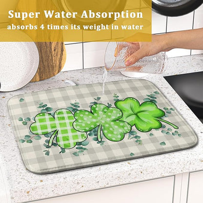 Giwawa Patrick Dish Drying Mat for Kitchen Green Clovers Grey Buffalo Plaids