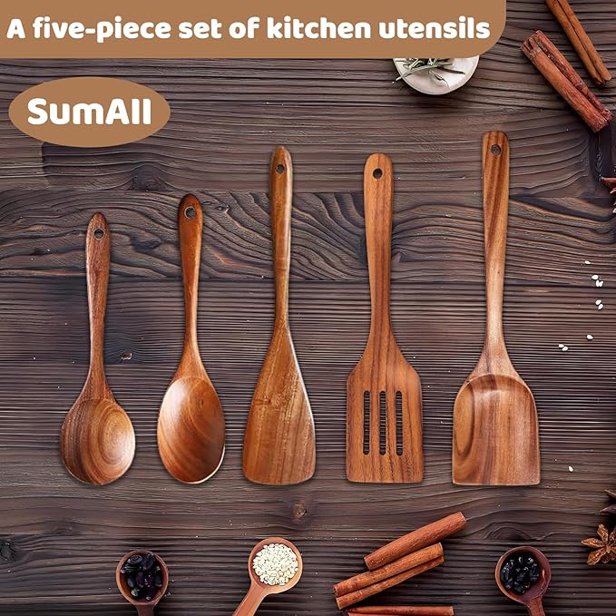 5 PCs Teak Wooden Utensil Set