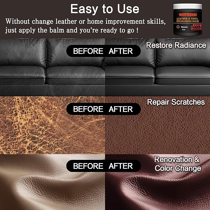 Leather Recoloring Balm - Leather & Vinyl Repair Balm for Furniture, Couches,Car Seats, Auto Interior & Accessories, Restores Faded, Worn, Scratched and Cracked Leather Surfaces (Maroon)