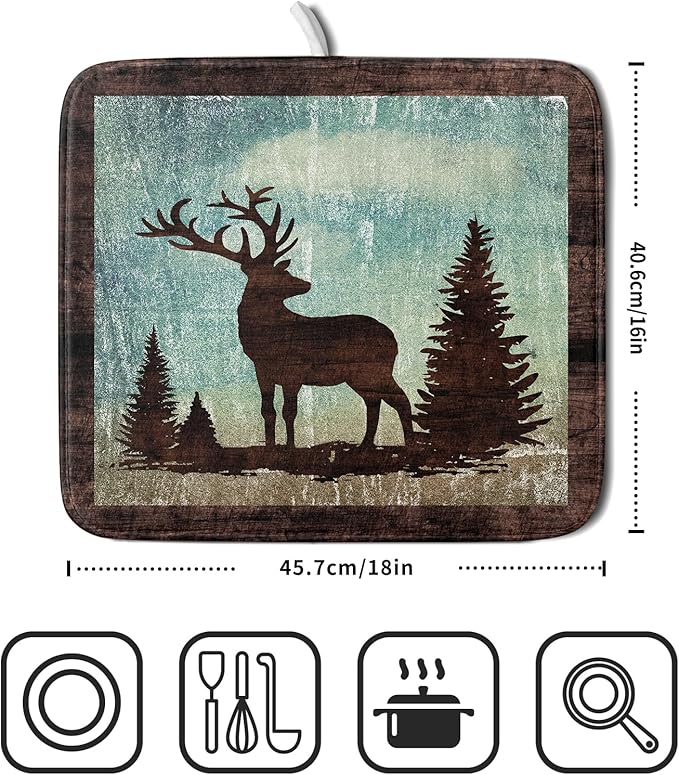 Giwawa Retro Deer Forest Cabin Silhouette Dish Drying Mat Countertop 16x18 Fall