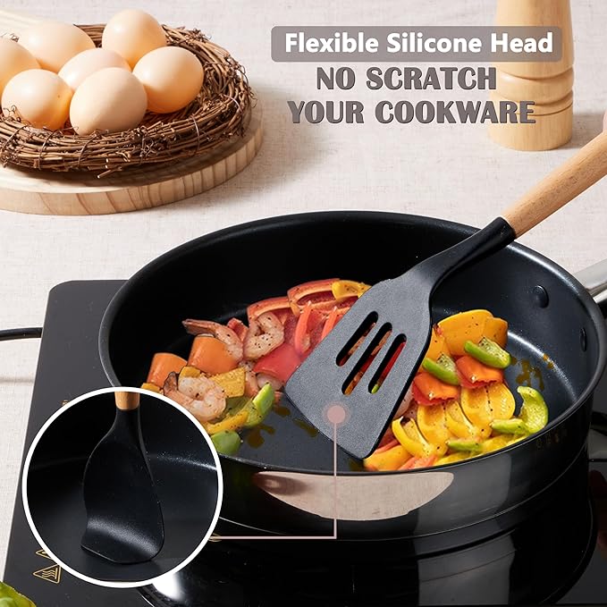 E-far Silicone Cooking Utensils Set, 5-Piece Black Kitchen Utensils Set