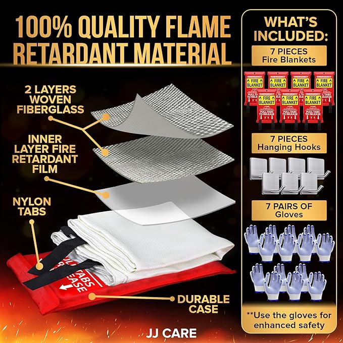 JJ CARE Fire Blanket ??7 Packs with Hooks and Gloves ??40??x 40??Fire Blankets Emergency for Home and Kitchen, High Heat Resistant and Flame Protection for Kitchen, Car, Office, Camping & Home Safety