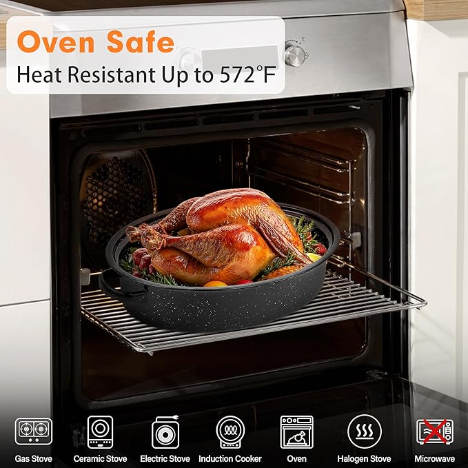 15” Roaster Pan with Lid and Rack, Small Enamel Roaster Pan with Oval Roasting